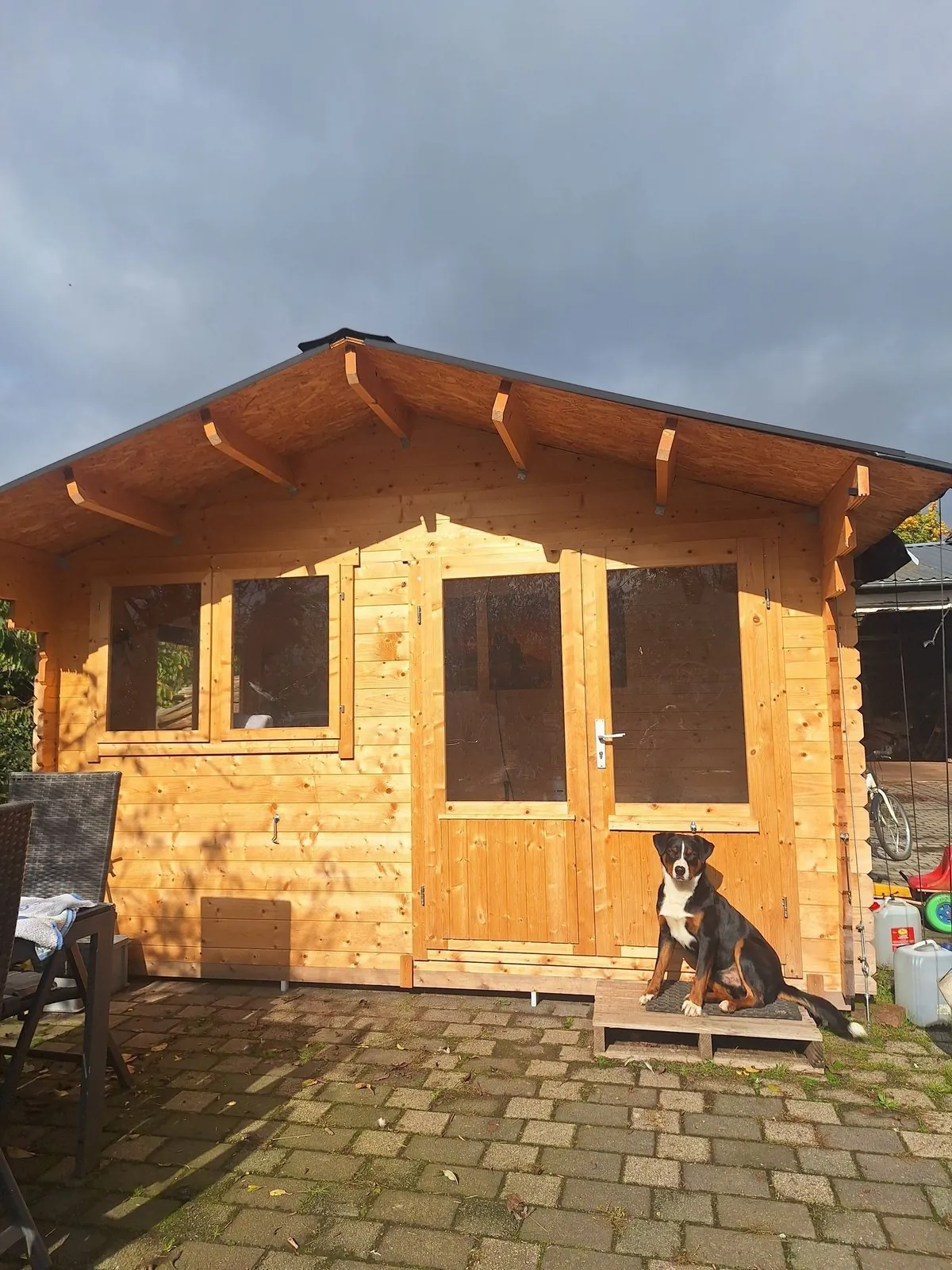 Die Therapiehütte aus Holz auf dem Hof, davor sitzt ein Hund