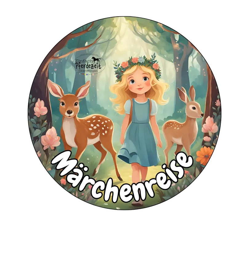 Märchenreise – gezeichnetes Mädchen mit Blumenkranz und zwei Rehen im Wald